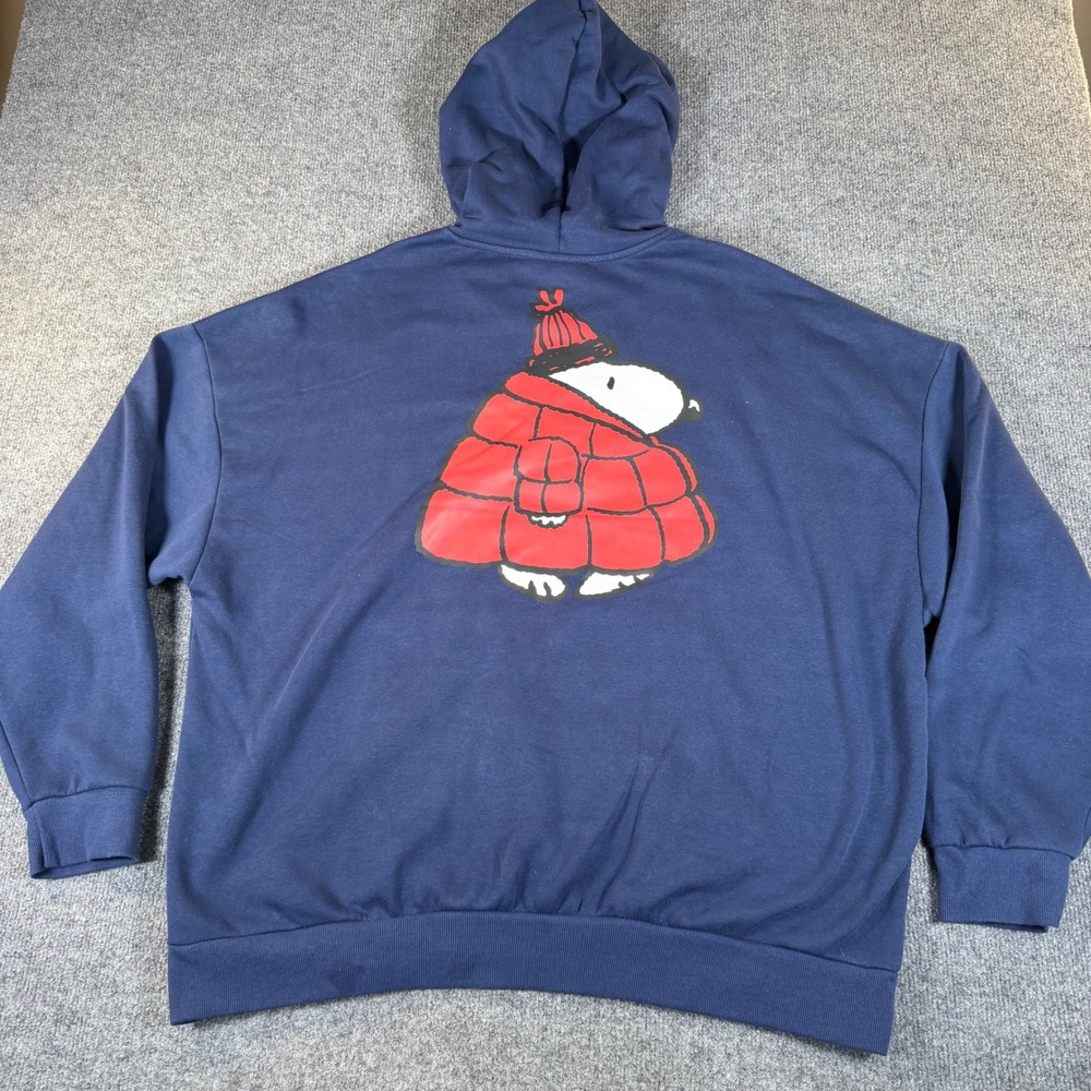 Peanuts Snoopy Blue Hoodie Mens 2XL Puffer Jacket Graphic Chenille Patch #3772 - Picture 4 of 10